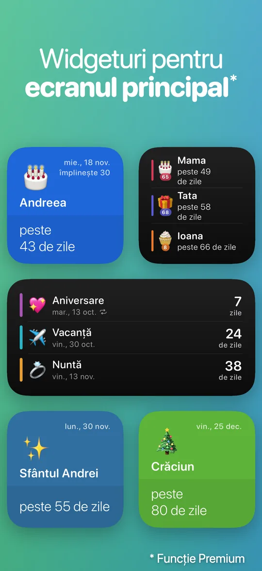 Widgeturi Countdown în trei mărimi: Andreea (împlinește 30) peste 43 de zile, zilele de naștere pentru Mama, Tata și Ioana, următoarele trei evenimente, Sfântul Andrei peste 55 de zile și Crăciun peste 80 de zile.