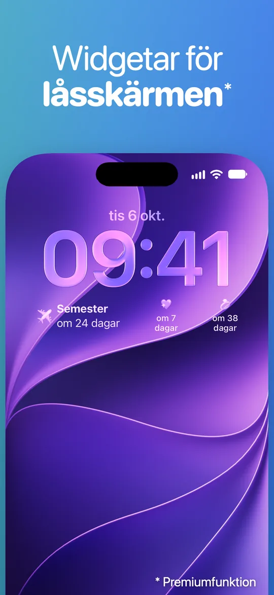 Countdown-widgetar under klockan på iPhones låsskärm: Semester om 24 dagar.