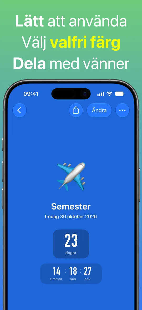 En nedräkning för Semester på blå bakgrund: 23 dagar, 14 timmar, 18 minuter och 27 sekunder kvar till fredag 30 oktober 2026.