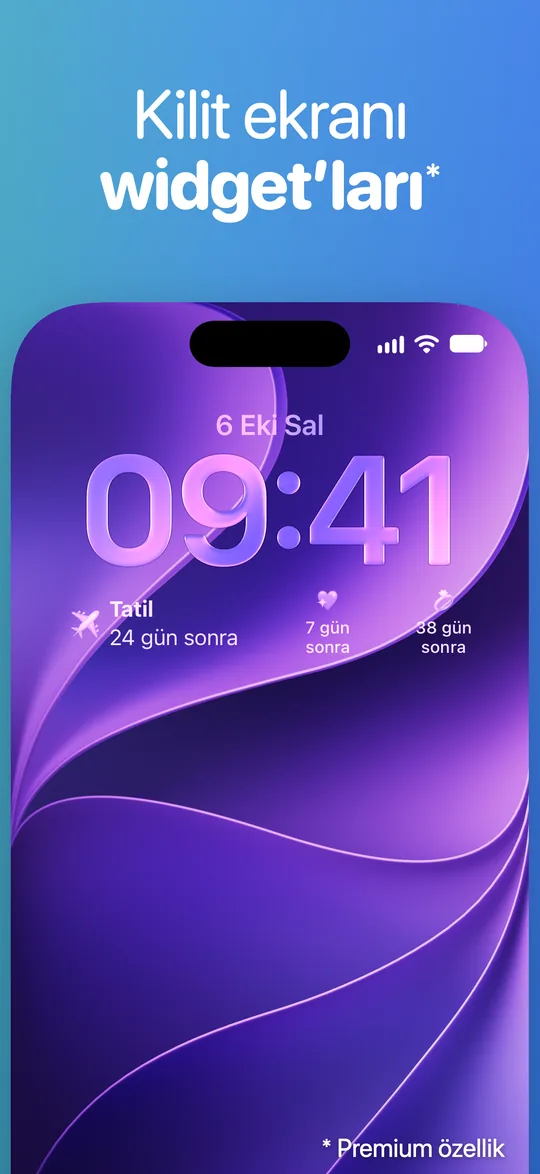 Saatin altında Countdown widget’ları olan bir iPhone Kilit Ekranı: 24 gün sonra Tatil, 7 ve 38 gün sonra iki etkinlik daha.