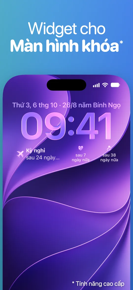 Widget Countdown dưới đồng hồ trên Màn hình khóa iPhone: Kỳ nghỉ sau 24 ngày, cùng hai sự kiện khác sau 7 và 38 ngày nữa.