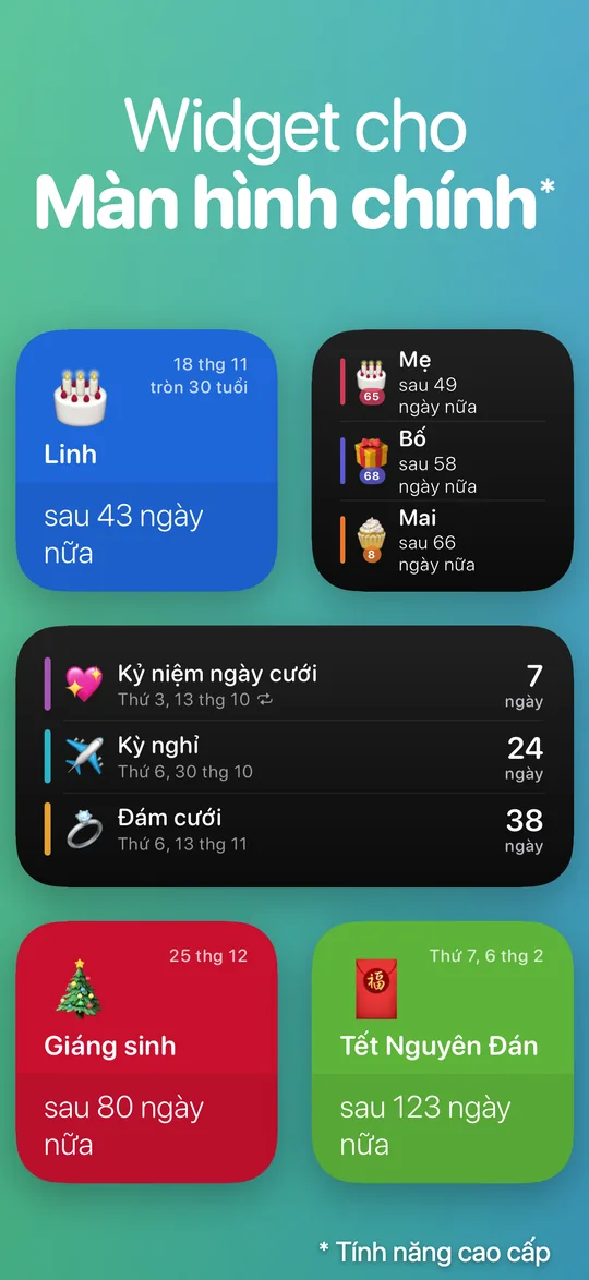 Widget Countdown nhiều kích thước: Linh sau 43 ngày nữa; Mẹ, Bố và Mai sau 49, 58 và 66 ngày nữa; Kỷ niệm ngày cưới 7 ngày, Kỳ nghỉ 24 ngày, Đám cưới 38 ngày; Giáng sinh sau 80 ngày nữa và Tết Nguyên Đán sau 123 ngày nữa.