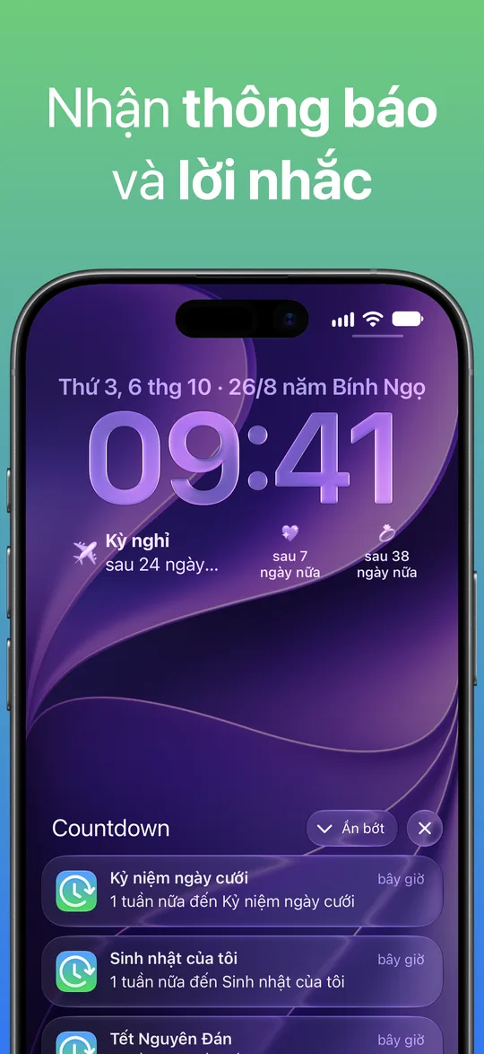 Thông báo của Countdown trên Màn hình khóa: “1 tuần nữa đến Kỷ niệm ngày cưới” và “1 tuần nữa đến Sinh nhật của tôi”.