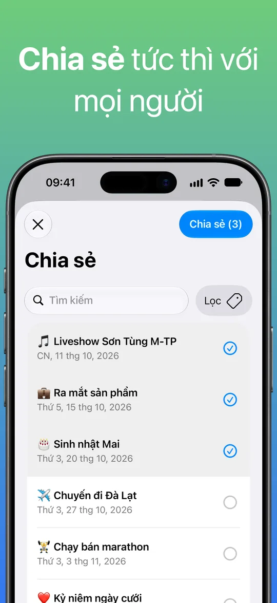 Màn hình Chia sẻ với Liveshow Sơn Tùng M-TP, Ra mắt sản phẩm và Sinh nhật Mai được chọn, cùng nút Chia sẻ (3).