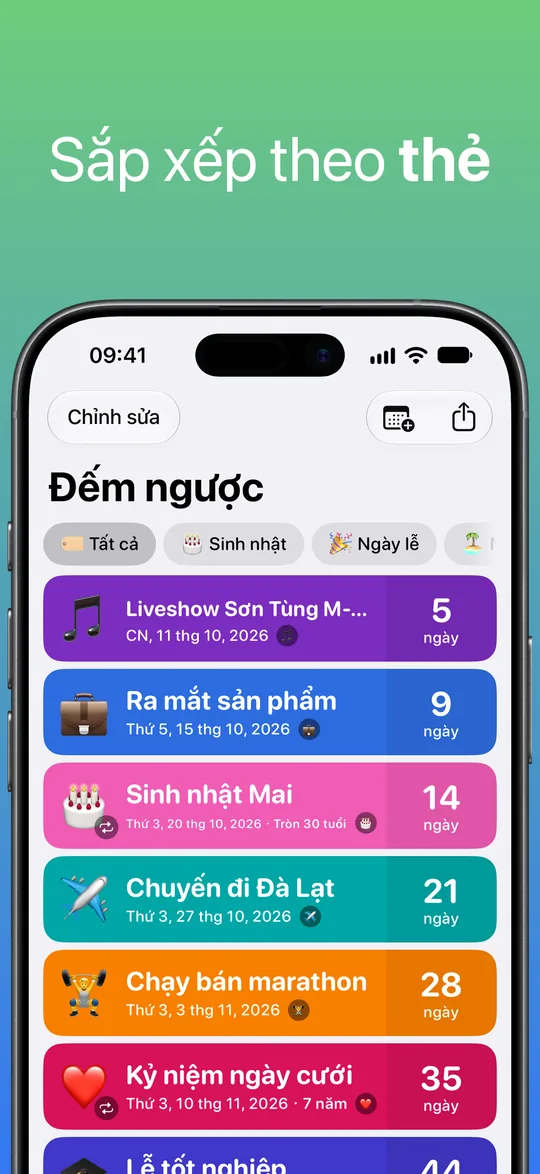 Danh sách đếm ngược với bộ lọc thẻ Tất cả, Sinh nhật và Ngày lễ: Liveshow Sơn Tùng M-TP 5 ngày, Ra mắt sản phẩm 9 ngày, Sinh nhật Mai 14 ngày, Chuyến đi Đà Lạt 21 ngày, Chạy bán marathon 28 ngày và Kỷ niệm ngày cưới 35 ngày.