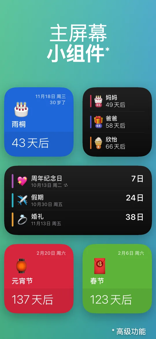 iPhone 主屏幕上的 Countdown 小组件：雨桐 43 天后满 30 岁，元宵节还有 137 天，春节还有 123 天。