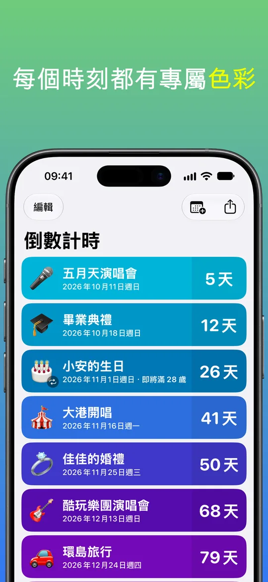 每個倒數計時顏色各異的列表：五月天演唱會 5 天、畢業典禮 12 天、小安的生日 26 天、大港開唱 41 天、佳佳的婚禮 50 天、酷玩樂團演唱會 68 天、環島旅行 79 天。